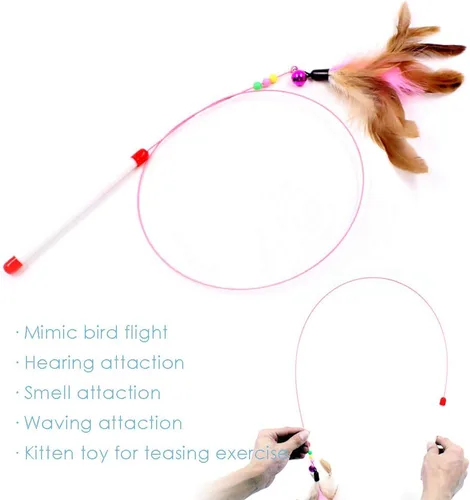 Vista 4 de MAIYU Juguete de varita de plumas para gatos, paquete de 3 unidades de alambre de acero, entrenamiento interactivo para gatos, campanas de cuentas
