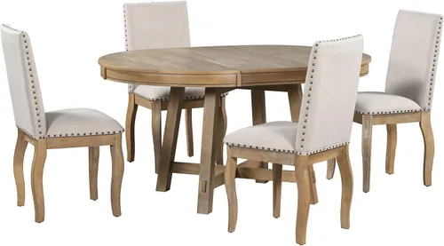 Vista 9 de Quarte Juego de mesa de comedor de granja de 5 piezas, mesa de comedor redonda extensible de madera y 4 sillas de comedor tapizadas