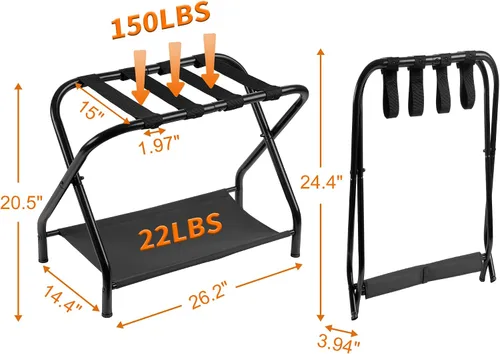 Vista 7 de Heybly Portaequipajes, paquete de 2, soporte plegable de acero para maleta con estante de almacenamiento para dormitorio, hotel, marco de acero
