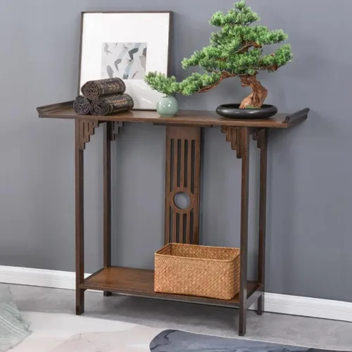Vista 6 de Gdrasuya10 Mesa de sofá consola de bambú de nogal de 40 pulgadas, mesa de sofá vintage, mesa de consola estrecha y larga, estilo japonés, mesa