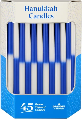 Vista 3 de The Dreidel Company Paquete de 10 velas cónicas de menorá de Hanukkah de lujo, 1 hora de tiempo de combustión, media y media azul marino y blanco