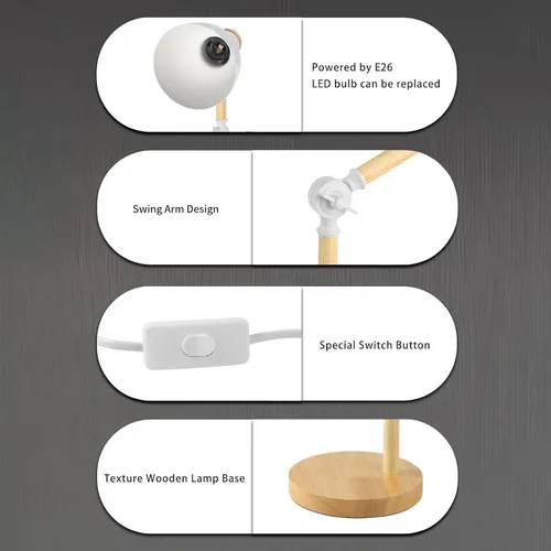 Vista 7 de Lámpara de mesa Himmel, lámpara de mesa de madera ajustable, lámpara de escritorio para niños para recámara, sala de estar, lámpara de lectura