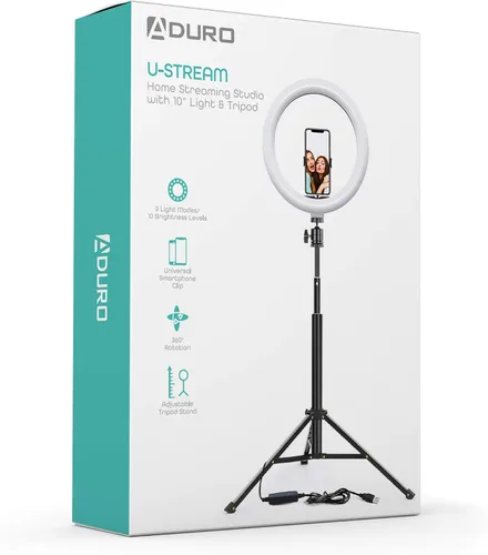 Vista 8 de Aduro Anillo de luz U-Stream con trípode de soporte, anillo de luz para selfie de 10 pulgadas para iPhone con trípode y soporte para teléfono