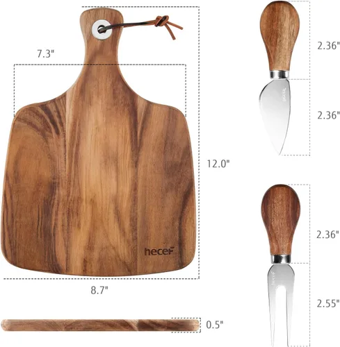 Vista 7 de hecef Juego de 3 tablas de queso, un plato de queso de madera de acacia, un cuchillo, un tenedor, plato de charcutería, juego de pizarra para servir