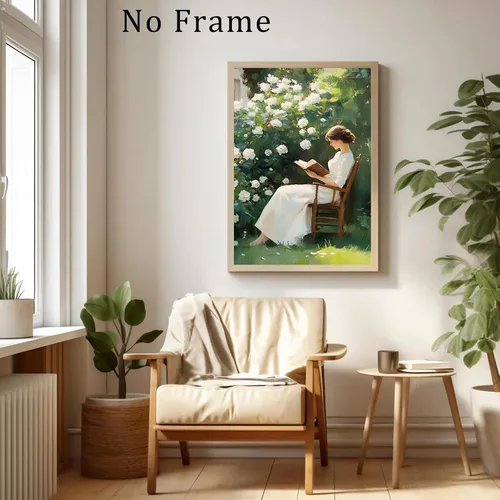 Vista 6 de Póster vintage de mujer en lienzo de lectura para mujer, retrato de mujer, arte de pared victoriano, pintura de dama antigua, póster de jardín