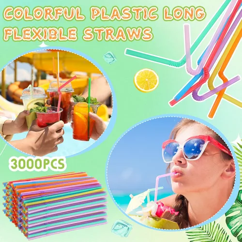 Vista 5 de Eaasty 3000 popotes de plástico flexibles a granel, popotes desechables de plástico, pajitas largas de plástico coloridas, popotes flexibles a
