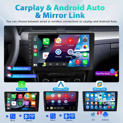 Vista 3 de Radio estéreo de coche de 9 pulgadas con Apple Carplay inalámbrico y Android Auto, 1 DIN Bluetooth receptor de audio para coche pantalla táctil