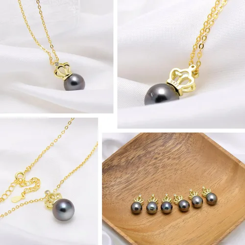 Vista 3 de Cultured Tahitian Black Pearl Sterling Silver Crown Pendant Necklace