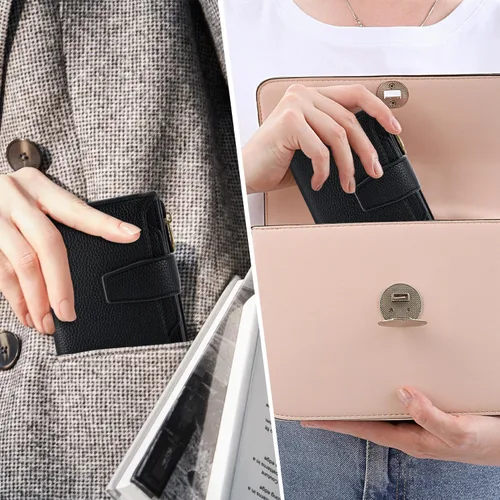 Vista 7 de Carteras de cuero para mujer con bloqueo RFID, billetera delgada, plegable, tarjetero con cremallera, bolsillo para monedas, ventana