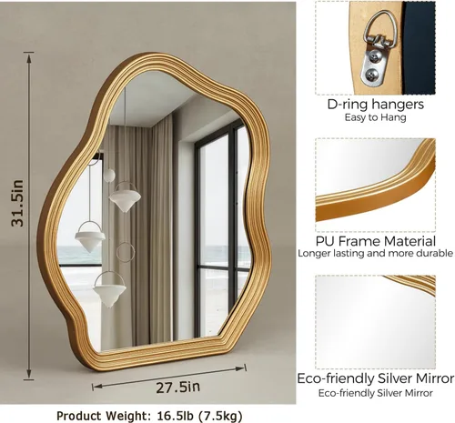 Vista 5 de SHYFOY Espejo de pared dorado antiguo, espejo decorativo asimétrico para decoración de pared, espejos ornamentados grandes irregulares para sala