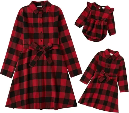 Vista 2 de Vestidos de Navidad para mamá e hija, vestido de terciopelo a cuadros, fiesta de Navidad, trajes a juego para mamá e hija, sesión de fotos