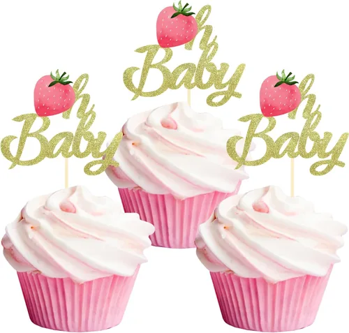 Vista 8 de 24 piezas de decoración para cupcakes de fresa con purpurina y bayas dulces para temática de bayas y fresas para niños, cumpleaños, fiesta de Berry