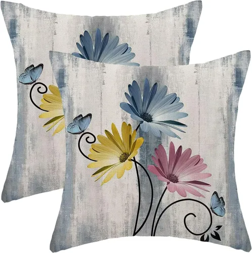 Vista 19 de Juego de 2 fundas de almohada florales de color salvia de 16 x 16 pulgadas, fundas de almohada decorativas con flores de margarita y mariposas
