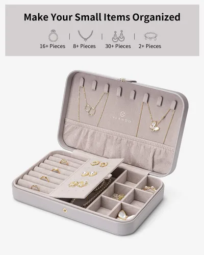 Vista 5 de Vlando Joyero de viaje para mujer, caja organizadora de joyas de cuero portátil para collares, aretes, anillos, pulseras, tamaño pequeño, regalos