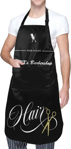 Vista 2 de Delantal de barbería personalizado para hombres y mujeres, delantal de peluquería con texto personalizado con bolsillos, delantal ajustable
