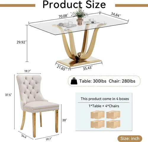 Vista 7 de Moderno juego de mesa de comedor de cristal de 5 piezas para 4, 70 pulgadas rectangular con 4 sillas copetudas de terciopelo beige, juego de mesa