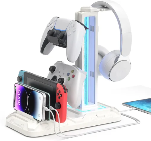 Vista 9 de KDD Headset Stand with Charging Station - Detachable Controller Holder with 9 Light Modes - Rotatable Headphone Hanger with USB A&C Charger Ports