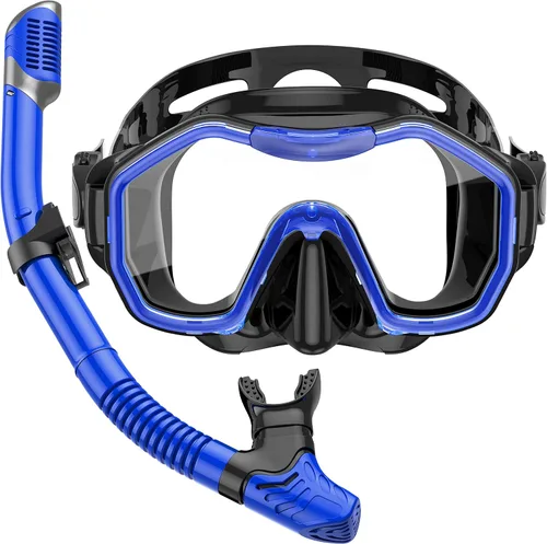 Vista 18 de Equipo de esnórquel para adultos y niños, juego de esnórquel seco con vista panorámica de 180°, máscara de buceo con visión panorámica de 180°
