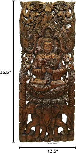 Vista 6 de Asiana Home Decor Buddha - Panel de pared de madera tallada grande en acabado marrón oscuro, tamaño 35.5 x 13.5 x 1 pulgadas