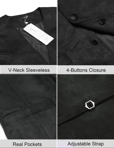 Vista 5 de COOFANDY Chaleco de traje de cuero de gamuza para hombre, chaleco occidental casual, chaleco ajustado
