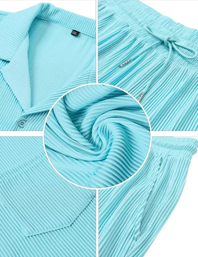 Vista 5 de LecGee Conjunto de pantalones cortos casuales de verano para hombre, camisa hippie de manga corta con botones, pantalones cortos con cordón
