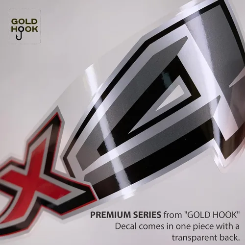 Vista 2 de Gold Hook Juego de 2 calcomanías 4x4 compatibles con Ford F-150 F-250 F-350 Super Duty - Serie Premium - Acabado metálico negro, gris, rojo