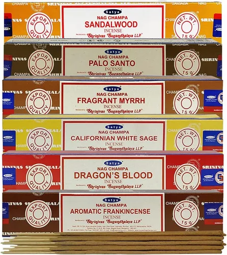 Vista 7 de Paquete de varillas de incienso Satya #10 y paquete con soporte con 6 fragancias clásicas: sándalo, sangre de dragón, palo santo, salvia blanca