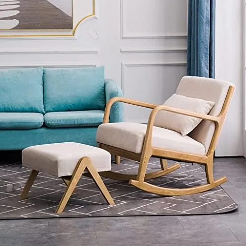 Vista 2 de Solid Wood Rocking Chair with Footrest Modern Fabric Design Comfortable Headrest for Home Office & StudyStylish & Ergonomic Seating