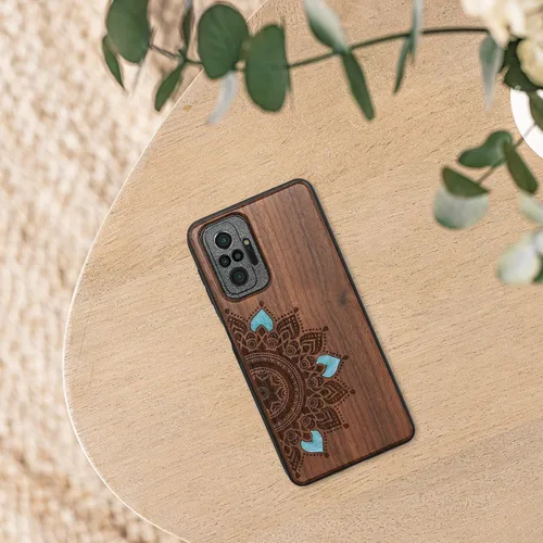 Vista 6 de kwmobile Funda de madera compatible con Xiaomi Redmi Note 10 Pro - Funda - Rising Sun Mother of Pearl Marrón oscuro