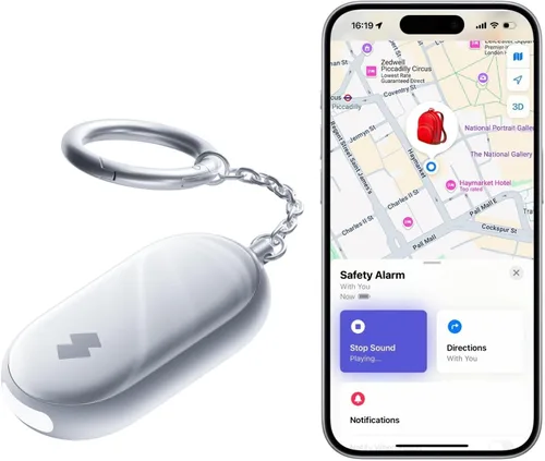 Vista 10 de Alarma de seguridad personal de 130 dB para mujeres con aplicación Apple Find My, sirena extra fuerte y luz estroboscópica, llavero de autodefensa