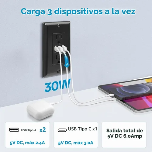 Vista 2 de ECOELER Receptáculo de Tomacorriente USB Negro de 3 Puertos, Tomacorriente de Pared USB C de 6.0A 30W, Enchufe Resistente a Manipulaciones de 15