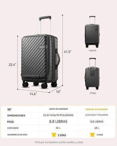 Vista 8 de Equipaje de mano con compartimento frontal y portavasos, maleta expandible KVF de PC con carcasa dura y bolsillo frontal (FX-Plus), Pavonado