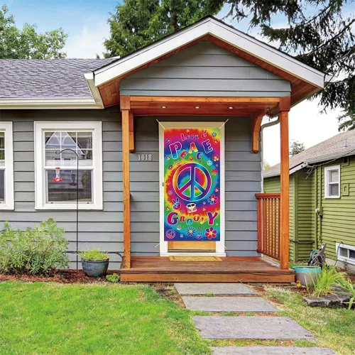 Vista 5 de Pancarta de fondos de amor con texto en inglés "Peace Groovy Love" de 70.8 x 35.4 pulgadas, cartel de decoración de fiesta de carnaval de los años