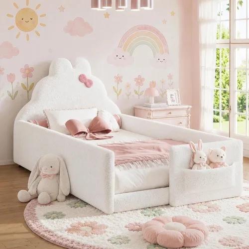 Vista 27 de Cama de suelo tapizada de tamaño matrimonial con valla y bolsillos, cama de Cama de suelo tapizada de tamaño matrimonial con listones y cabecero