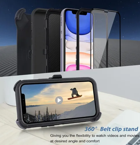 Vista 3 de Funda para iPhone 11 con Clip para Cinturón, Soporte y 2 Protectores de Pantalla, Protección Completa Resistente, Funda a Prueba de Golpes y Caídas