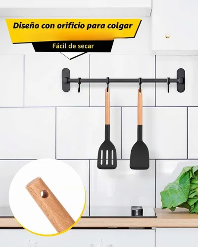 Vista 5 de Paquete de 2 espátulas de cocina de silicona, espátulas sólidas resistentes al calor, espátulas ranuradas antiadherentes con mango corto de madera