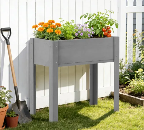 Vista 7 de Cama de jardín elevada con patas, 31 x 16 x 31 pulgadas, jardinera elevada de madera para exteriores, cedro gris, patas gruesas, con forro Marrón
