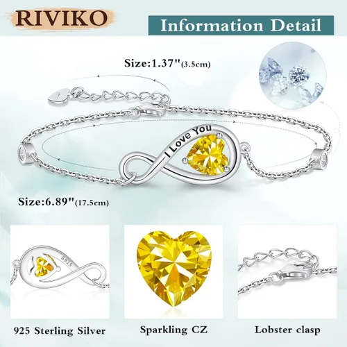 Vista 4 de RIVIKO Pulsera con símbolo de corazón infinito para mujer, pulseras grabadas de plata de ley 925 con circonita, eslabones ajustables, cumpleaños