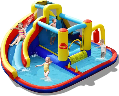 Vista 13 de BOUNTECH Tobogán acuático inflable, castillo de salto de parque acuático para niños con gran piscina de salpicaduras, 2 paredes de escalada