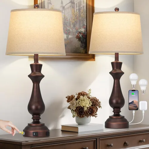 Vista 17 de Moderna lámpara de mesa plateada para sala de estar, lámpara de noche de 30 pulgadas de alto con puerto de carga USB, lámpara de mesita de noche