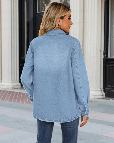 Vista 5 de Luvamia - Chaquetas de mezclilla para mujer 2025, moda de otoño, chaqueta de gran tamaño, abotonada, de mezclilla, chaqueta estilo western con azul