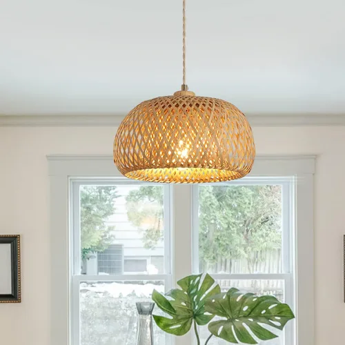 Vista 3 de Lámpara colgante de bambú con una sola luz, cesta bohemia ajustable, hecha a mano, tejida a mano, iluminación colgante para cocina, isla, fregadero