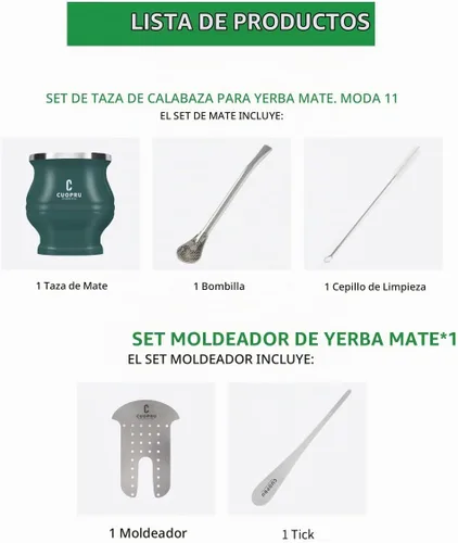 Vista 4 de Cuopru Juego y taza de yerba mate de acero inoxidable, 6.7 onzas, verde militar, diseño moderno