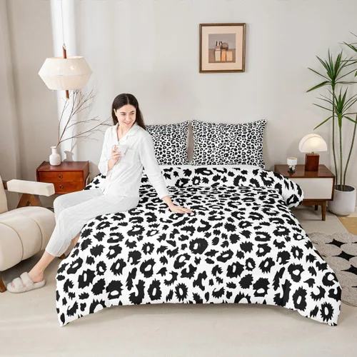 Vista 18 de Manfei Juego de edredón con estampado de leopardo, tamaño individual, juego de ropa de cama con estampado de guepardo marrón y negro, 2 piezas Negro