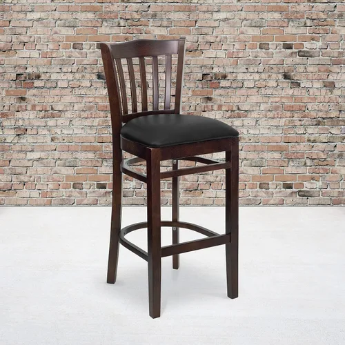 Vista 2 de Flash Furniture HERCULES Series - Taburete vertical para restaurante de madera de nogal, asiento de vinilo negro Asiento de vinilo negro/marco