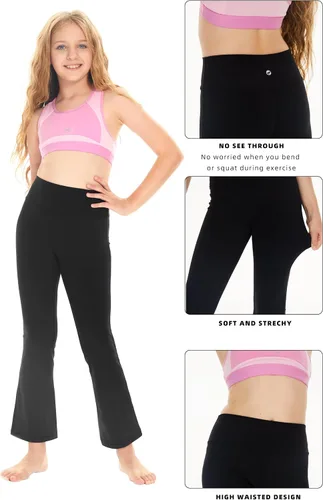 Vista 2 de KYRIAD Leggings de cintura alta para niñas, pantalones acampanados para niños, para baile, entrenamiento, yoga, corte de bota, leggings activos
