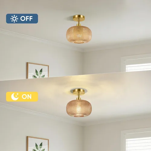Vista 7 de ROTTOGOON Lámpara de techo semiempotrada, luces de techo inclinadas doradas ajustables con pantalla de vidrio ámbar, modernas lámparas de pasillo