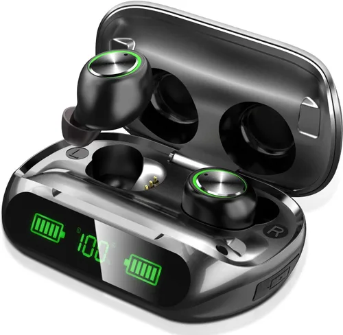 Vista 8 de Auriculares Bluetooth inalámbricos de reproducción de 200 horas, IPX7 impermeables, con cancelación de ruido, pantalla LED de alimentación