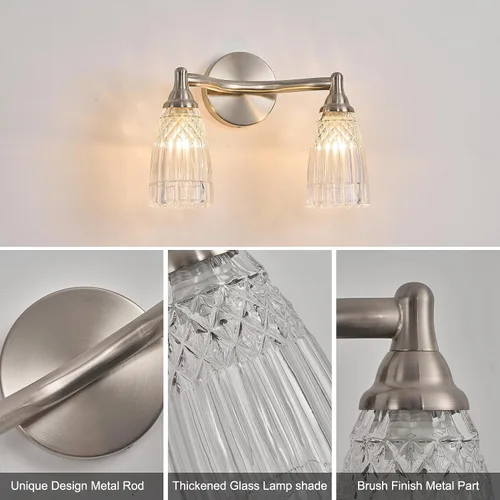 Vista 7 de HDDFL Lámpara de baño de níquel cepillado, iluminación de tocador de baño, 2 luces, moderno aplique de pared de vidrio para dormitorio, baño, sala