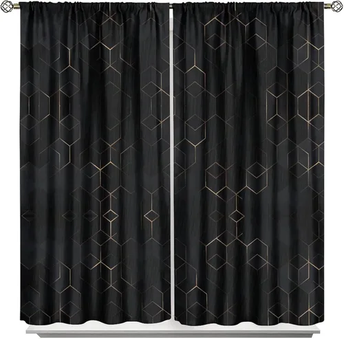 Vista 44 de Cortinas Negras con Dobladillo Dorado, Cortinas Opacas con Bolsillo para Barra con Estampado de Rayas de Foil en Onda Dorada para Decoración de Negro